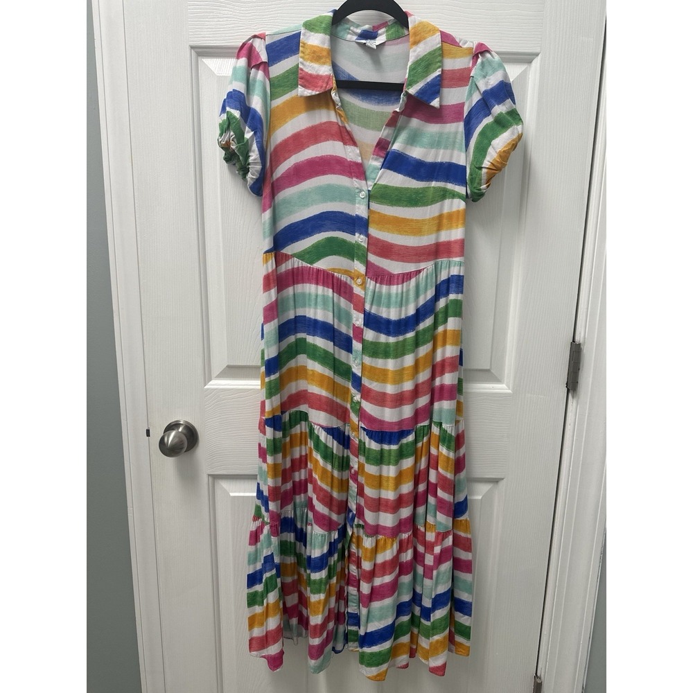 Crown and Ivy Bright Colorful Striped Dress Puff Sleeves Collar Small Flaw READ